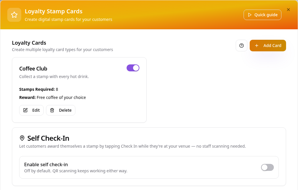 Coffee Club card listed in the setup