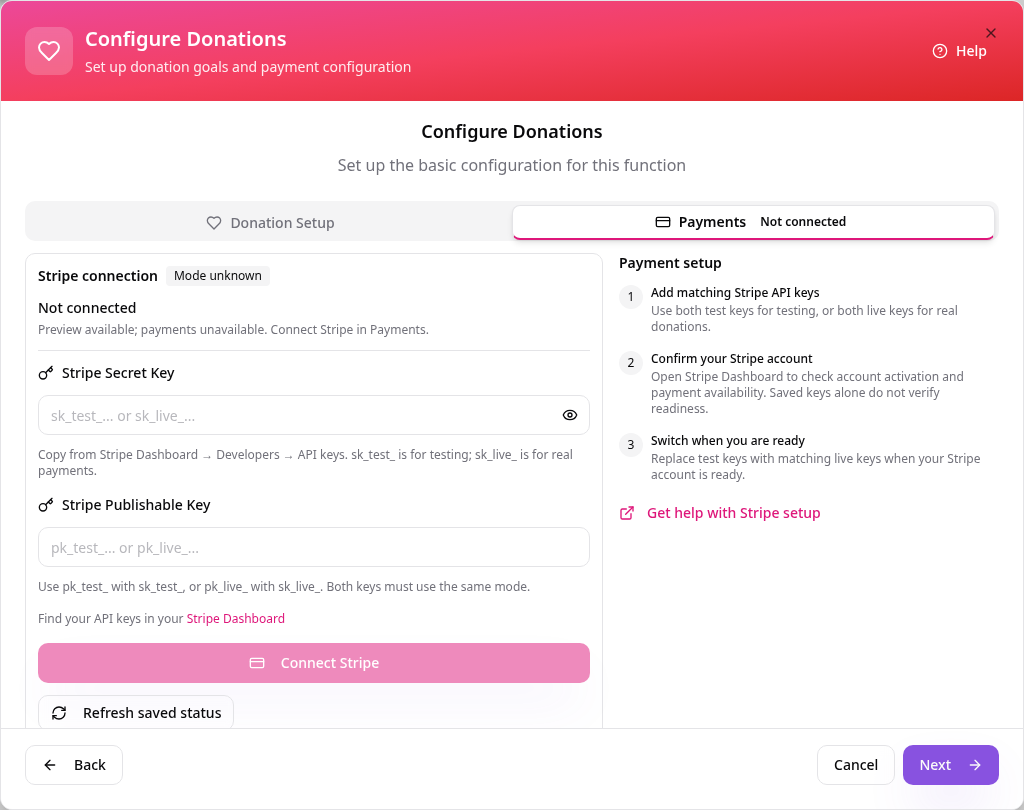 Payments tab with the Stripe connection