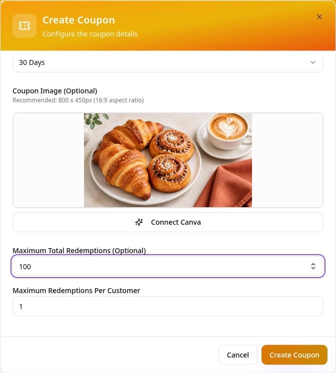 Coupon image and redemption limits set to 100 total and once per customer