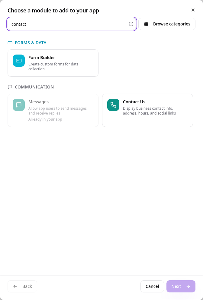 Module picker showing Contact Us
