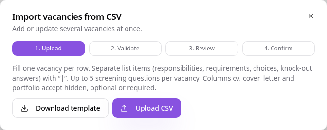 CSV import with Upload, Validate, Review and Confirm steps