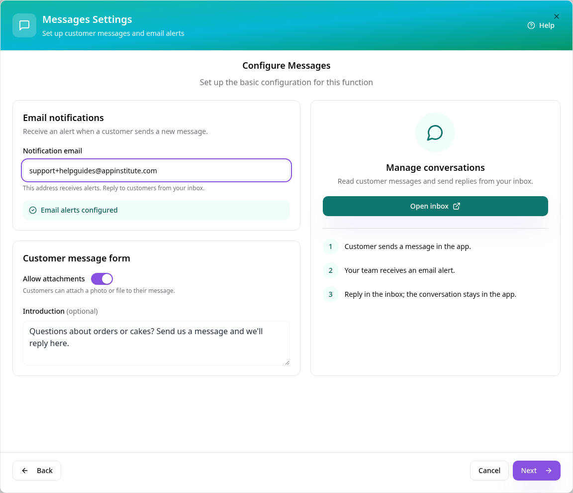 Messages settings with notification email, attachments and introduction