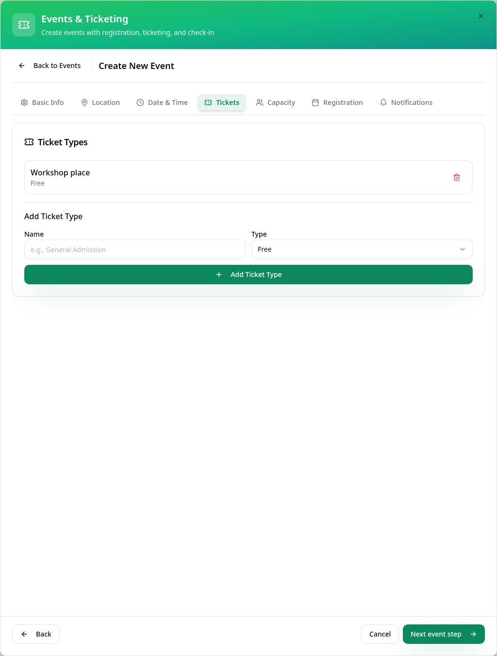 A saved free Workshop place ticket type