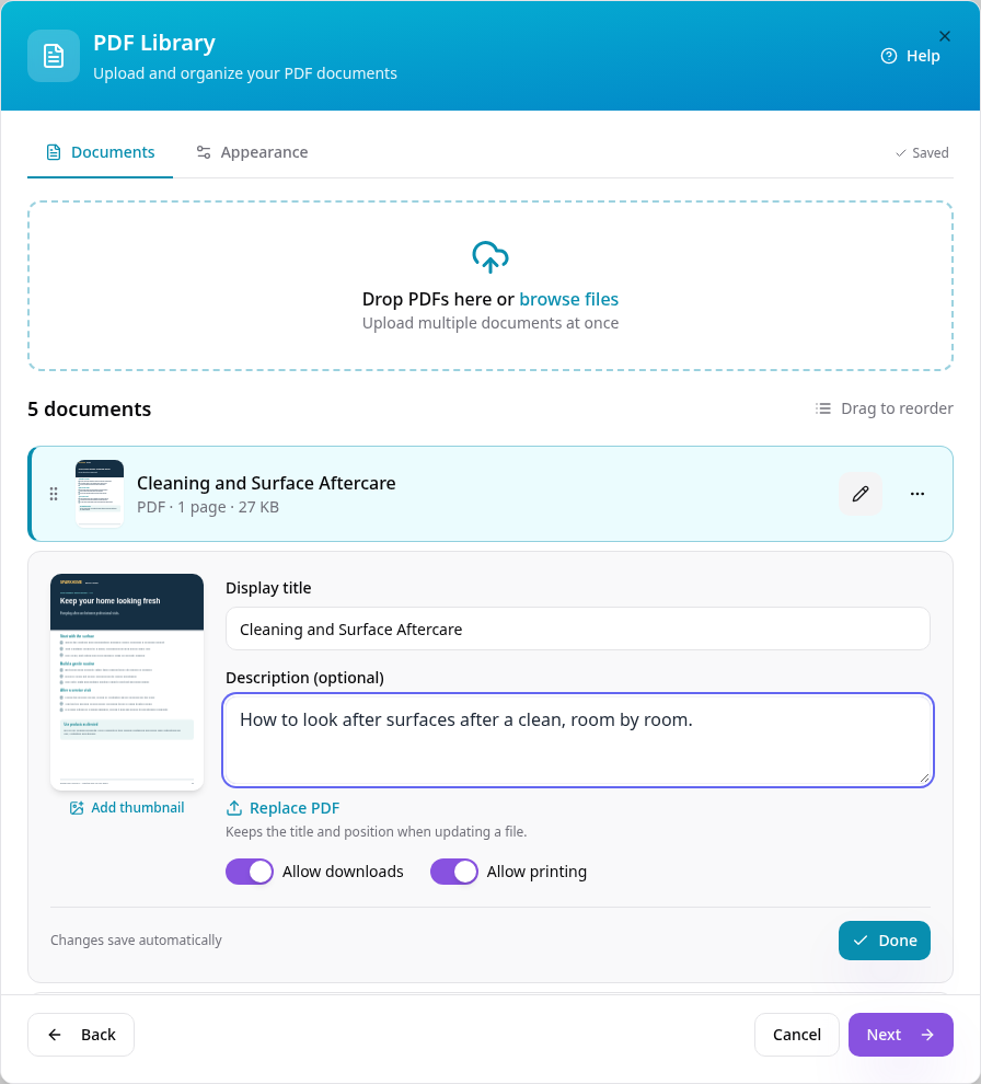 Document details with title, description and download and print switches