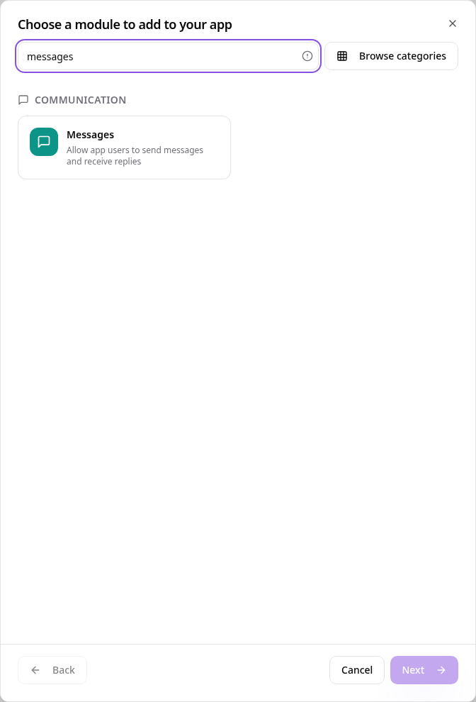 Module picker showing Messages