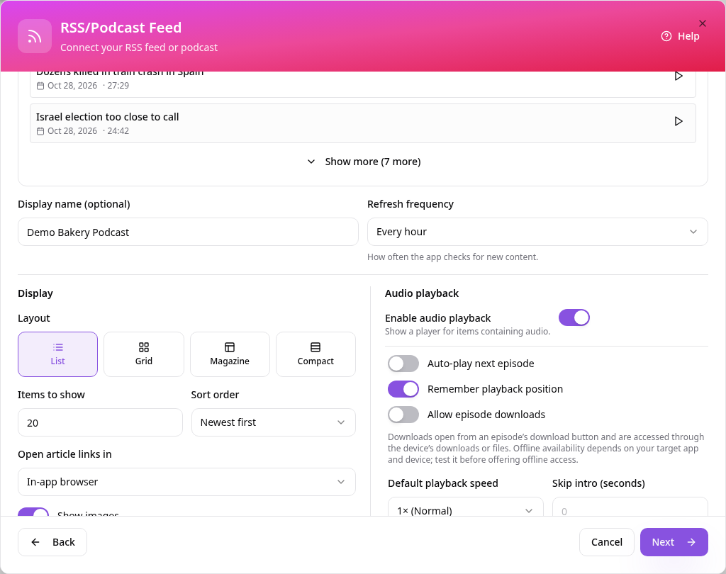 Display and Audio playback sections of the podcast setup