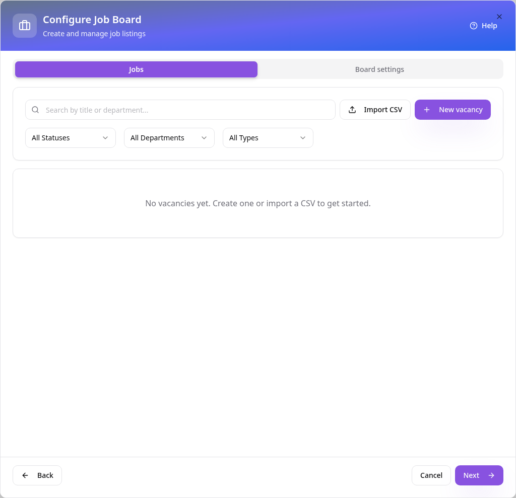 Job Board Jobs tab with New vacancy and Import CSV
