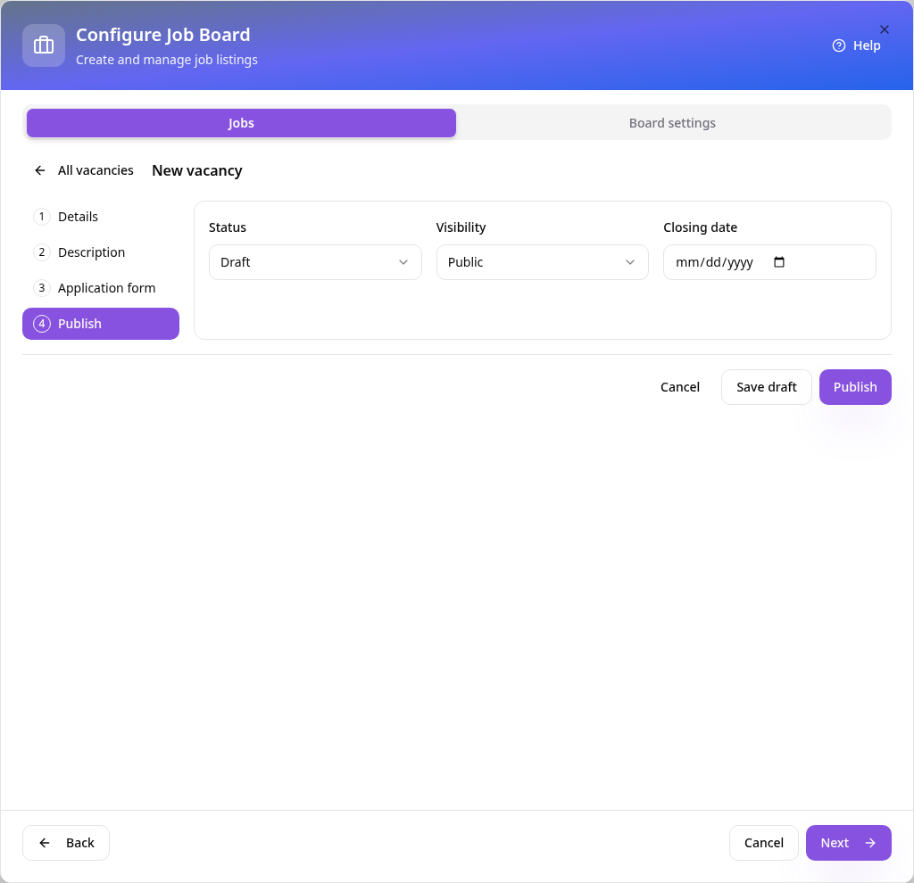 Publish section with status, visibility and closing date