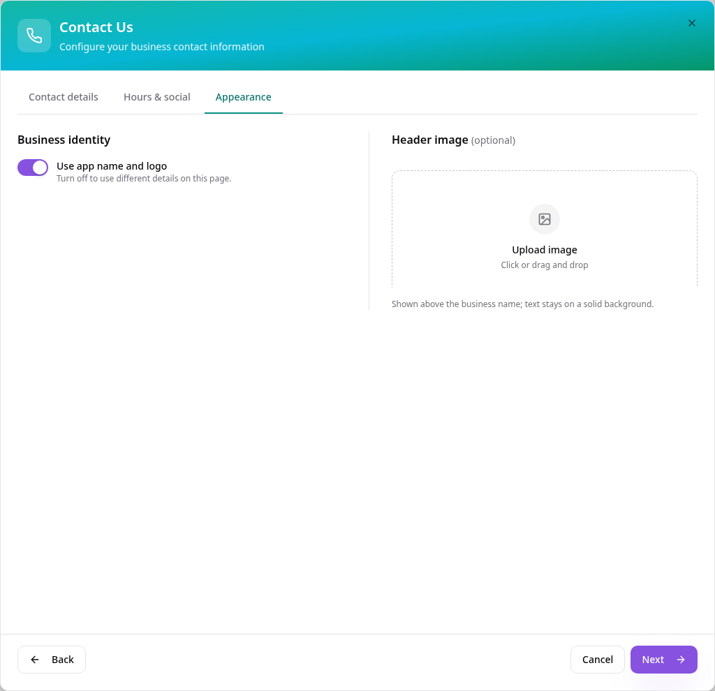 Appearance tab with business identity and header image