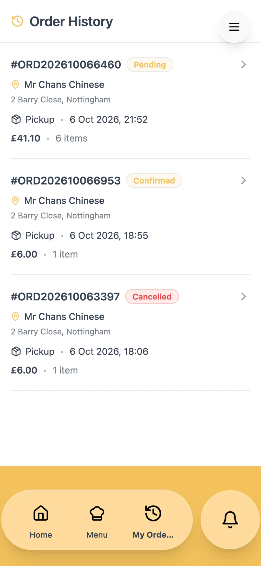 Customer order history