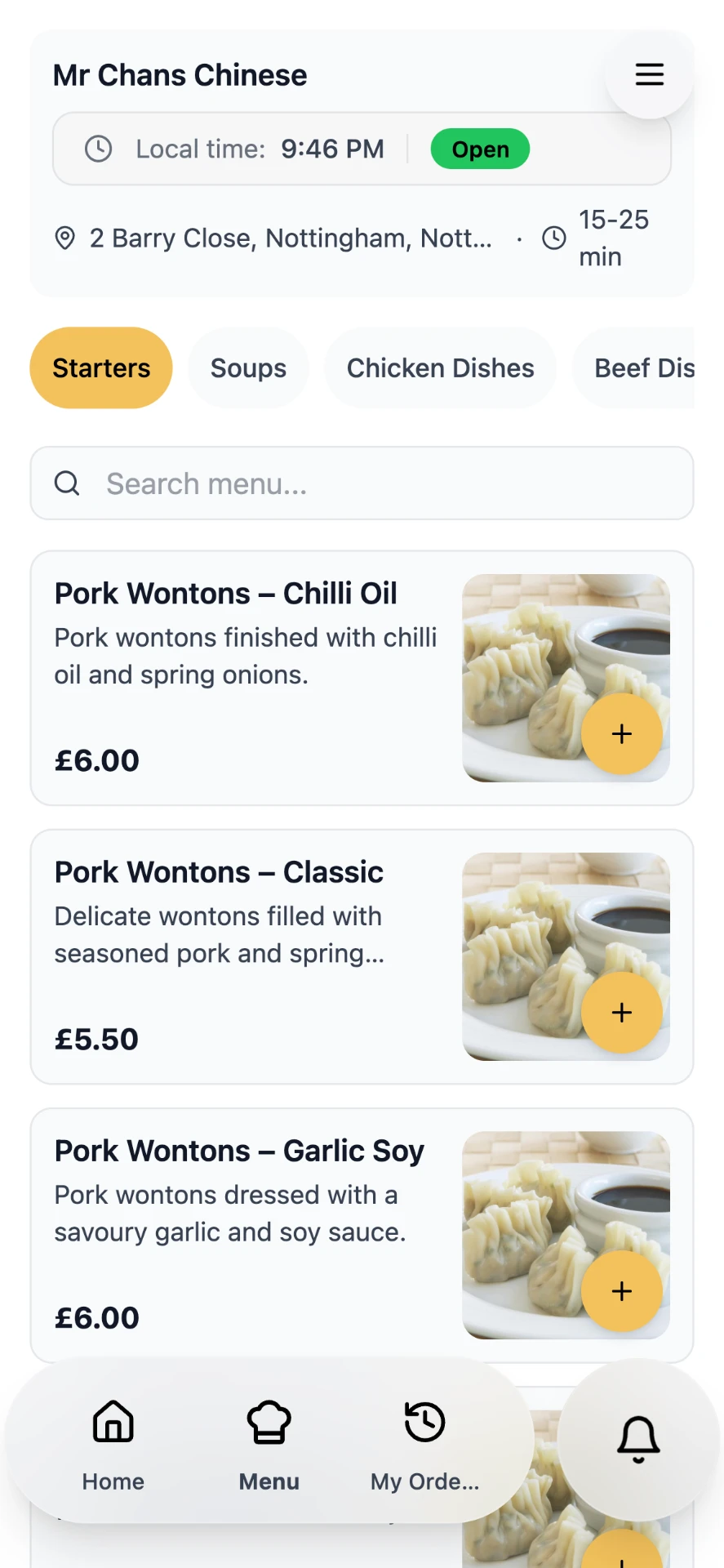 Mr Chans Chinese food ordering menu