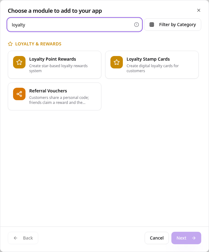 Module picker showing Loyalty Stamp Cards