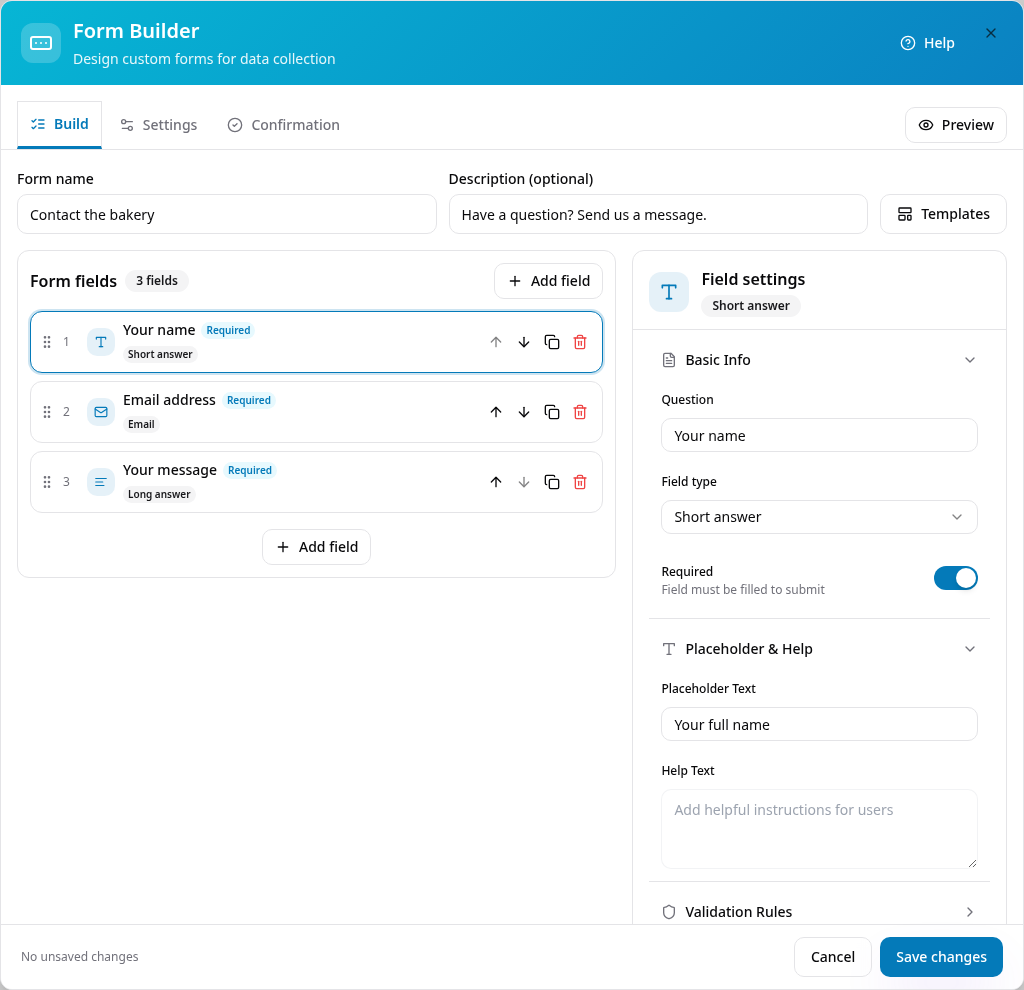 Saved contact form opened directly in the Build tab