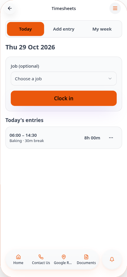 Today's entries showing a Baking shift of 8h 00m