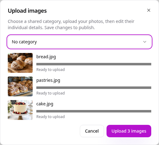 Upload images window with three photos ready