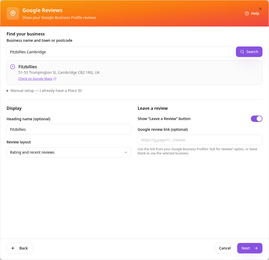 Selected business with display and Leave a review settings
