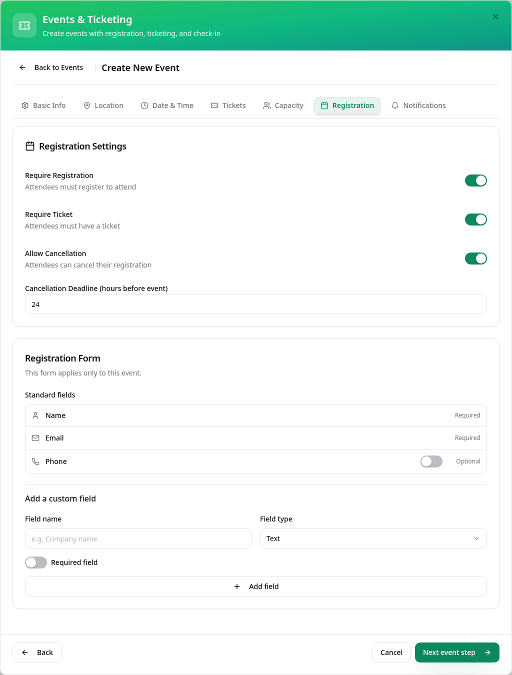 Registration settings with required tickets and attendee form options