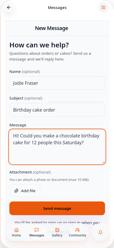 New message form filled in about a birthday cake order