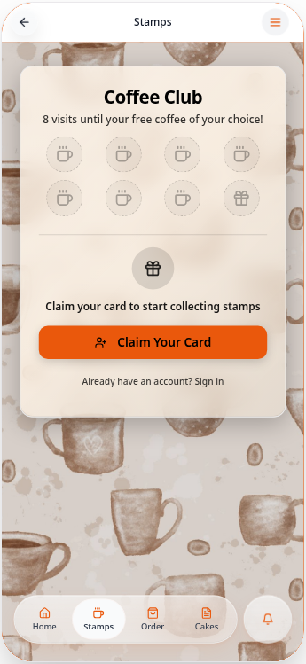 Coffee Club stamp card in the app with a Stamps tab