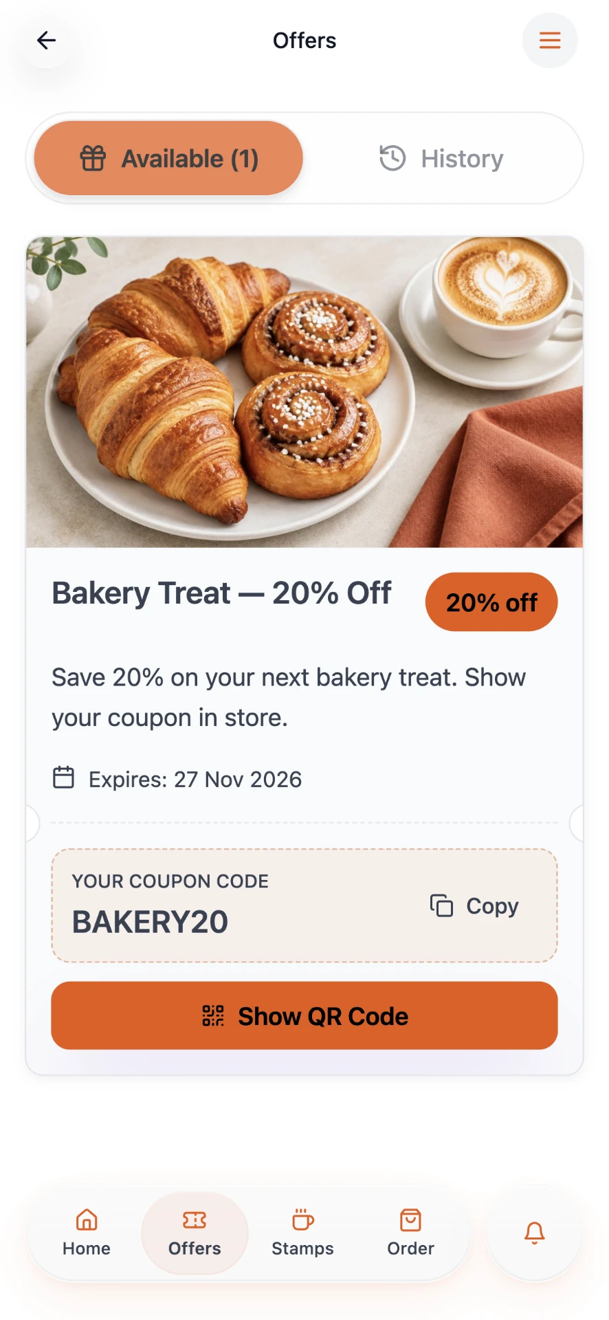 Unlocked Bakery Treat coupon with the BAKERY20 code and a short Offers tab