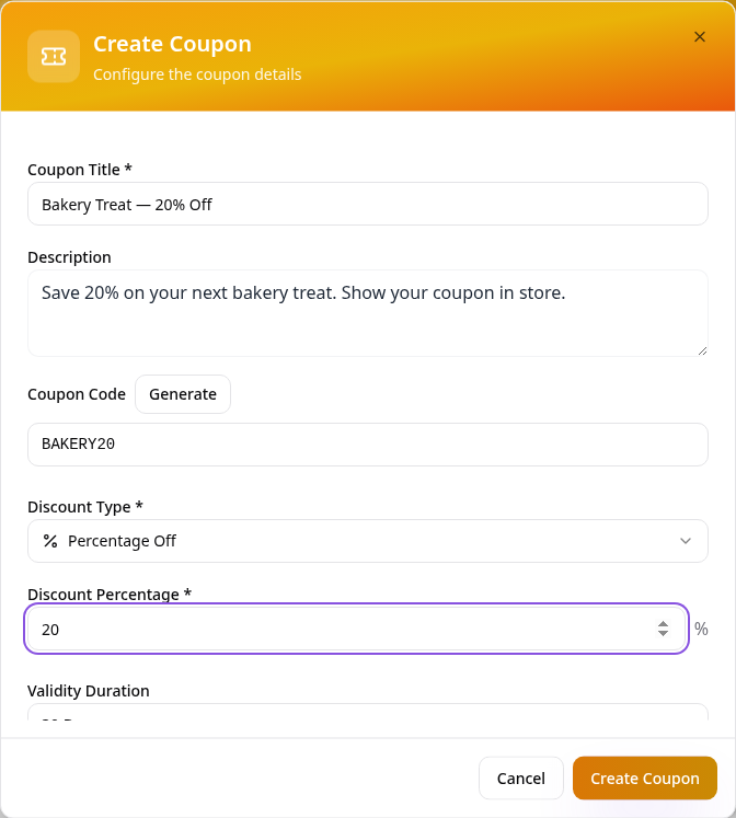 Bakery Treat coupon details with a 20 percent discount and BAKERY20 code
