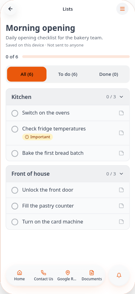 Live Morning opening checklist with 0 of 6 done