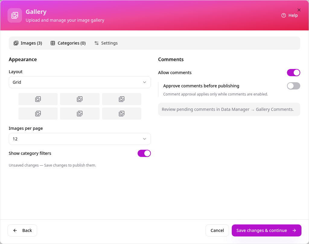 Gallery settings for layout and comments