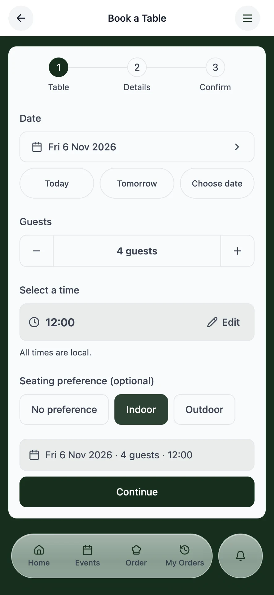 The Copper Stag app example: Book a table