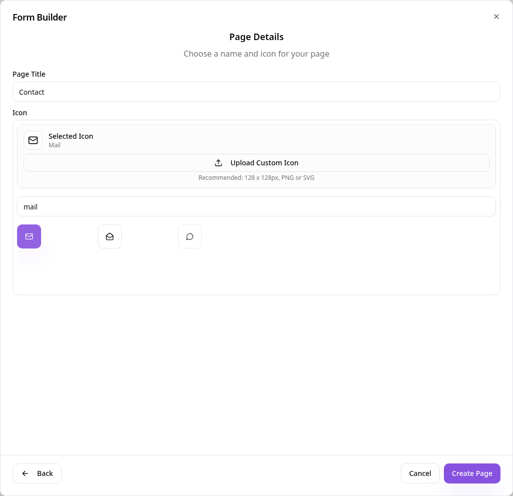 Page creation with Contact title and mail icon