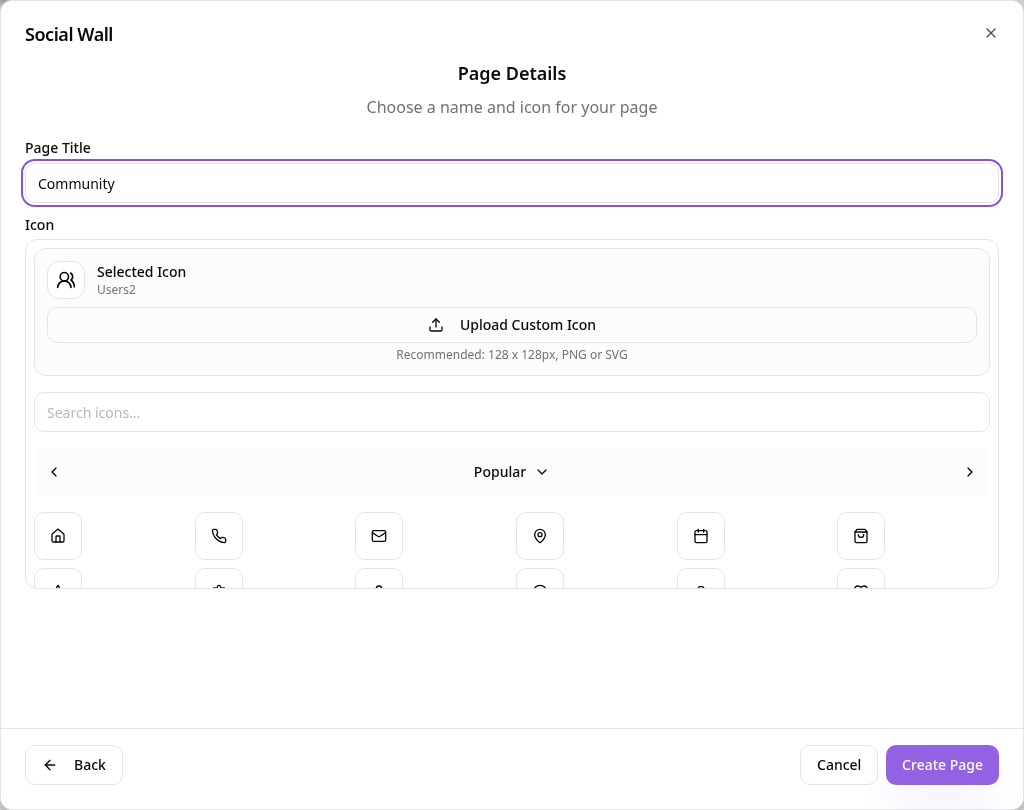 Page details with the title Community and a community icon