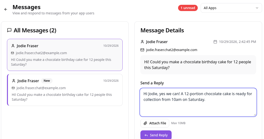 Data Manager Messages with the customer message and a typed reply