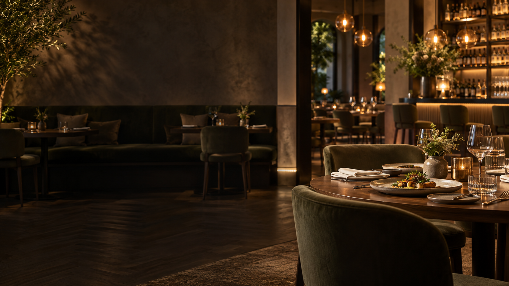 Restaurant dining room at dusk with laid tables, upholstered seating and a warmly lit bar