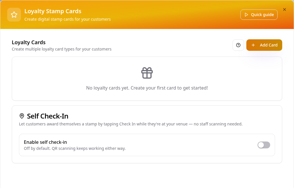Loyalty Stamp Cards setup with the Add Card button