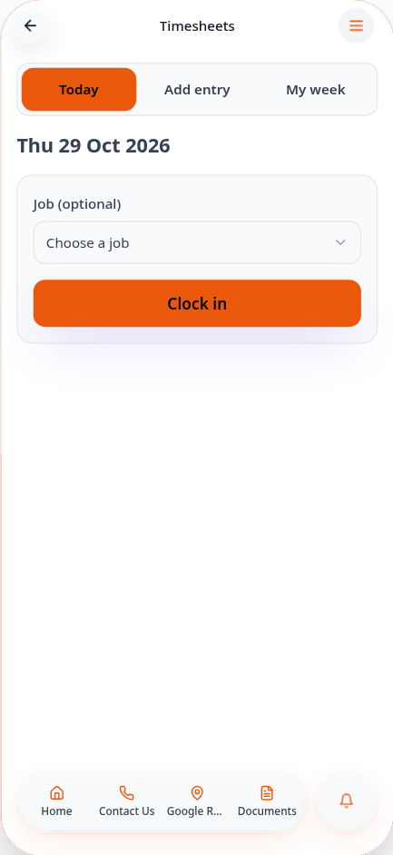 Timesheets Today tab with job choice and Clock in
