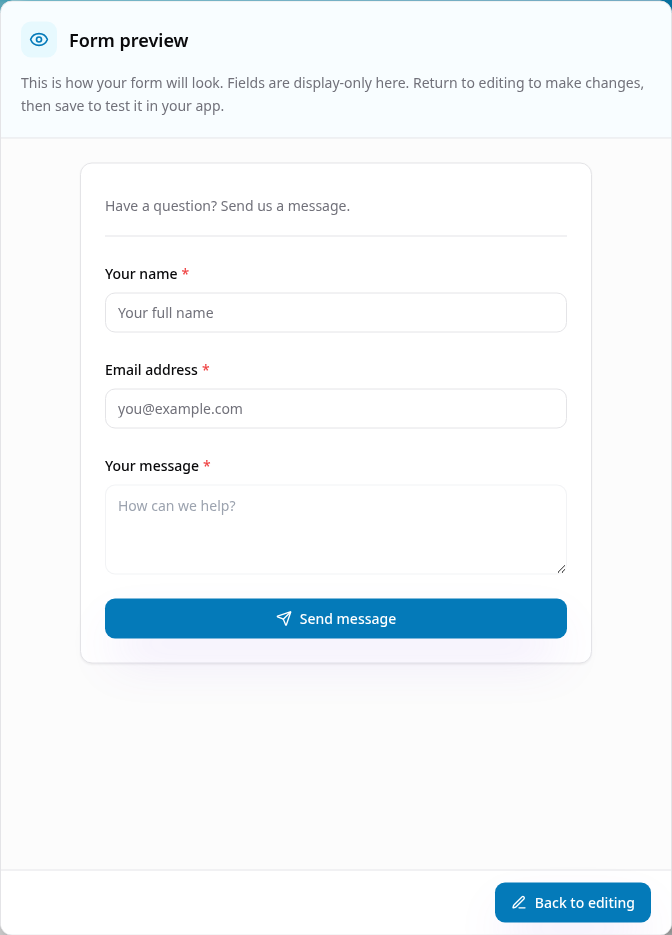 Display-only contact form preview with Back to editing action