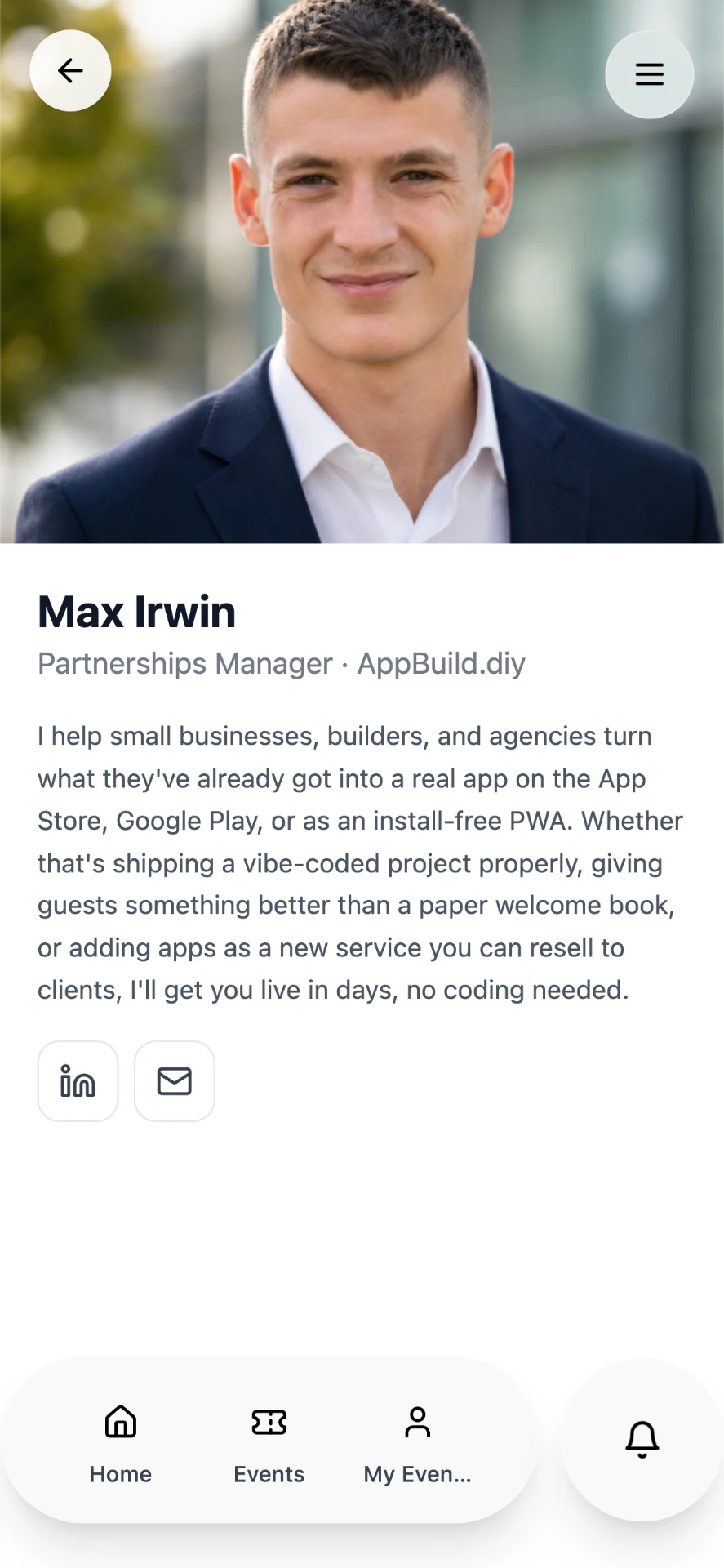 Speaker profile page with photo, job title, biography and LinkedIn and email links