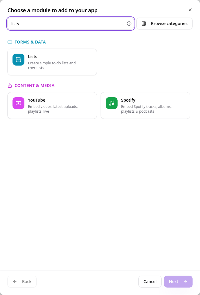 Module picker showing Lists