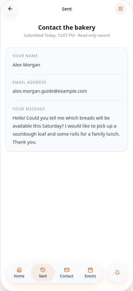 Read-only demo contact form answers and Back control