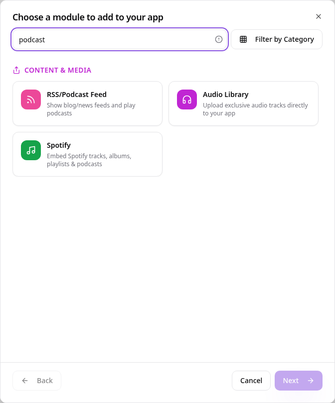 Add Page or Function picker showing RSS/Podcast Feed
