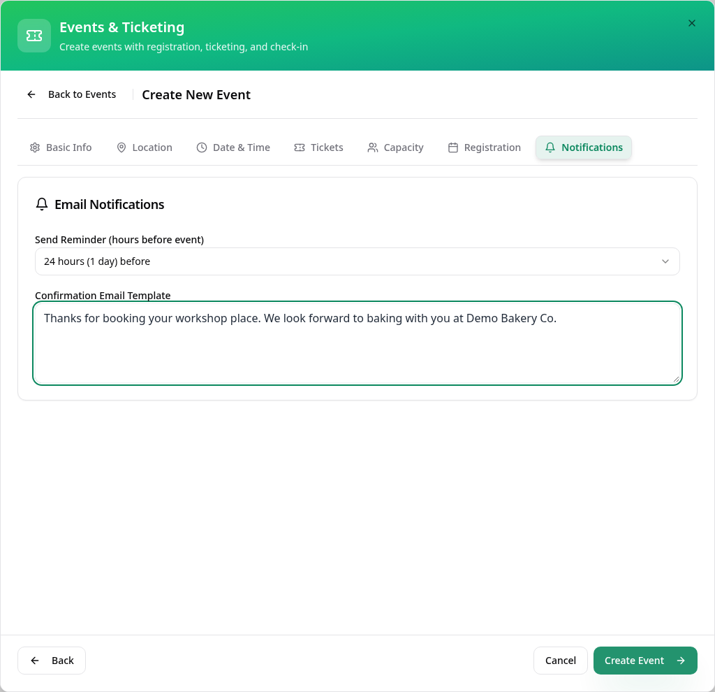 Notifications tab with a reminder, confirmation message and Create Event button