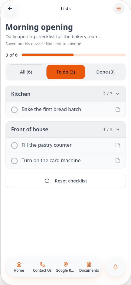 To do tab showing the three remaining items