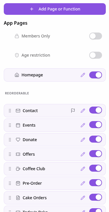 Demo app Pages panel with Add Page or Function
