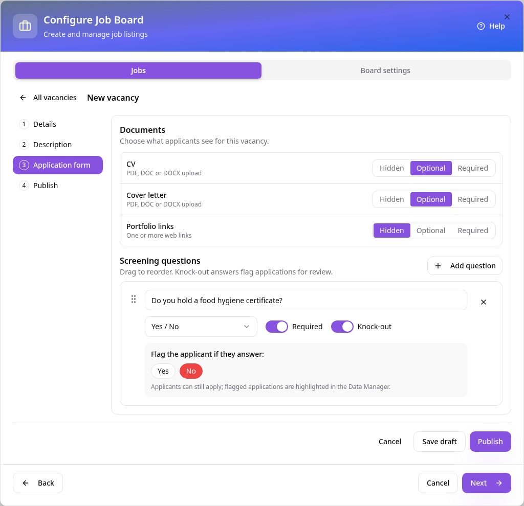 Documents settings and a yes/no knock-out question