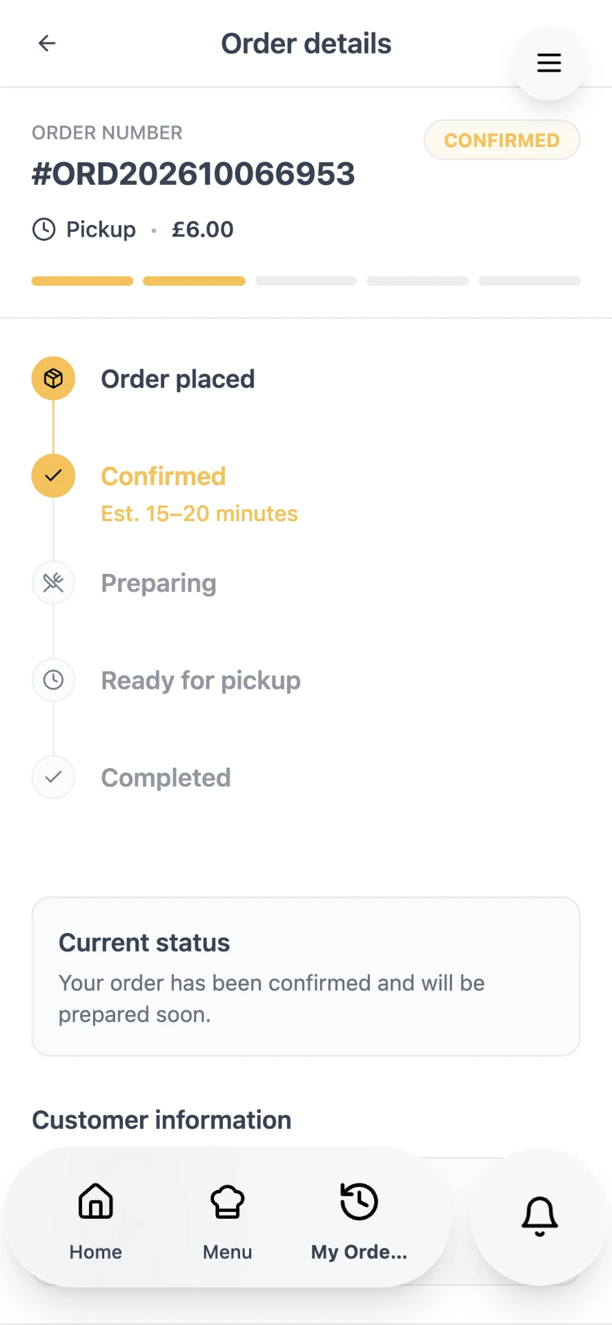 Live order status screen