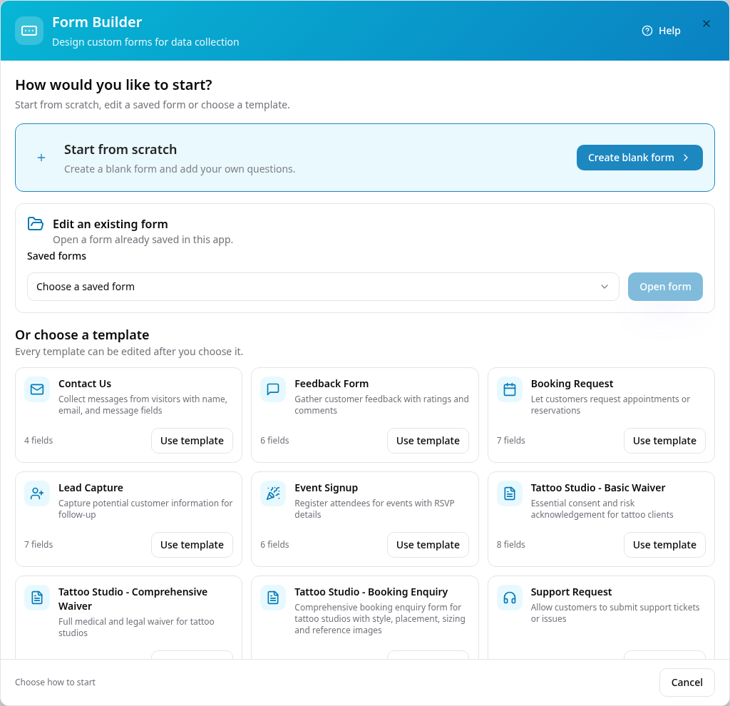 Form Builder start screen with blank, saved form and template choices