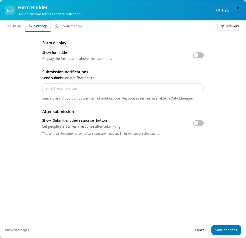 Form Settings showing title, notification email and Submit another response preferences