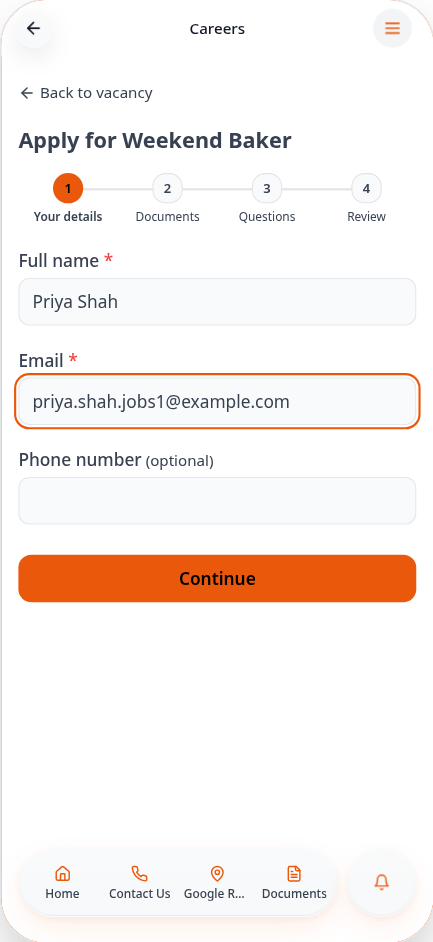 Apply step one with name and email