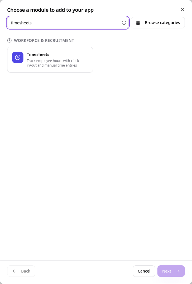 Module picker showing Timesheets