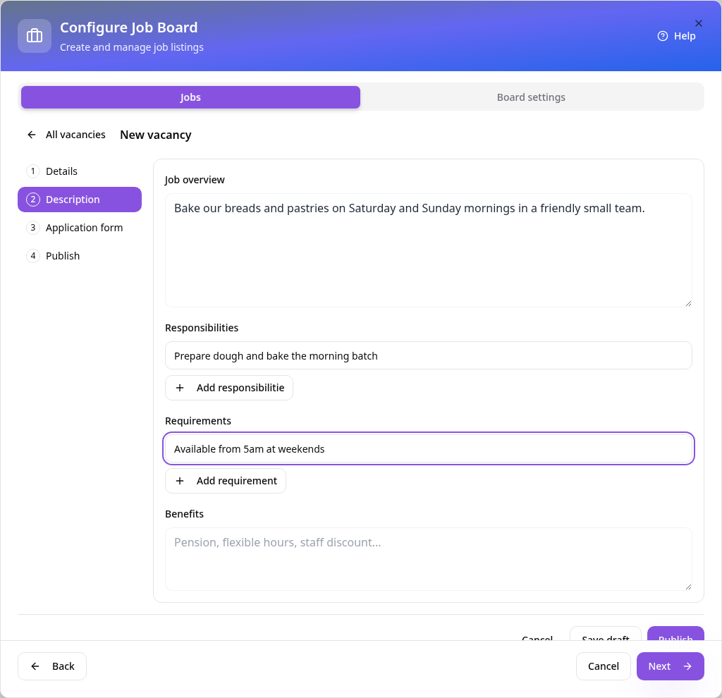 Description with overview, a responsibility and a requirement