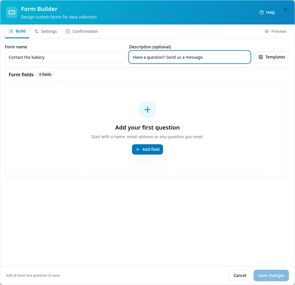 Blank contact form with its name and description entered